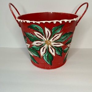 Unique Vintage Style Looking Metal Red Poinsettia Bucket